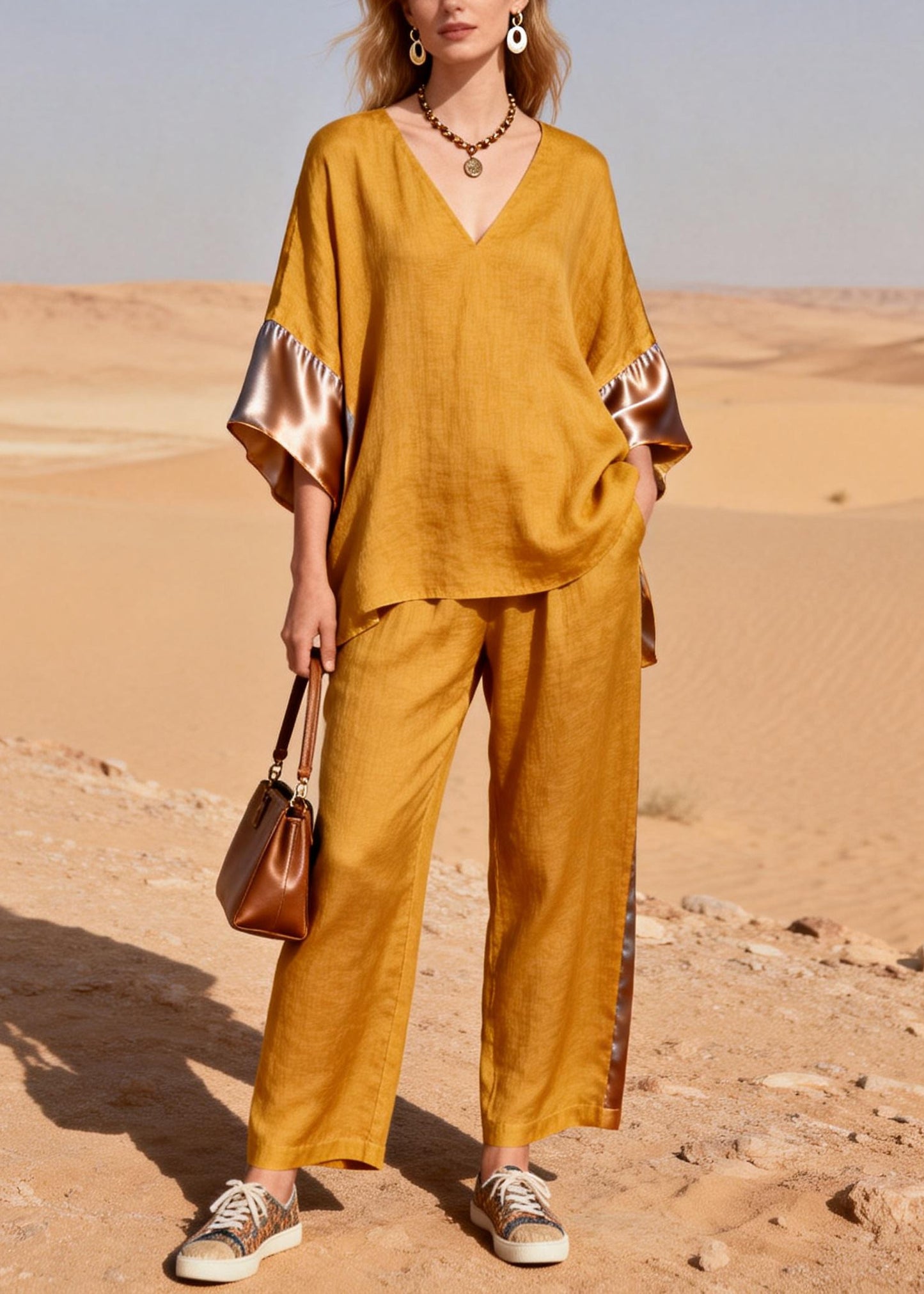Women Yellow Oversized Patchwork Linen Silk Two Pieces Set Summer