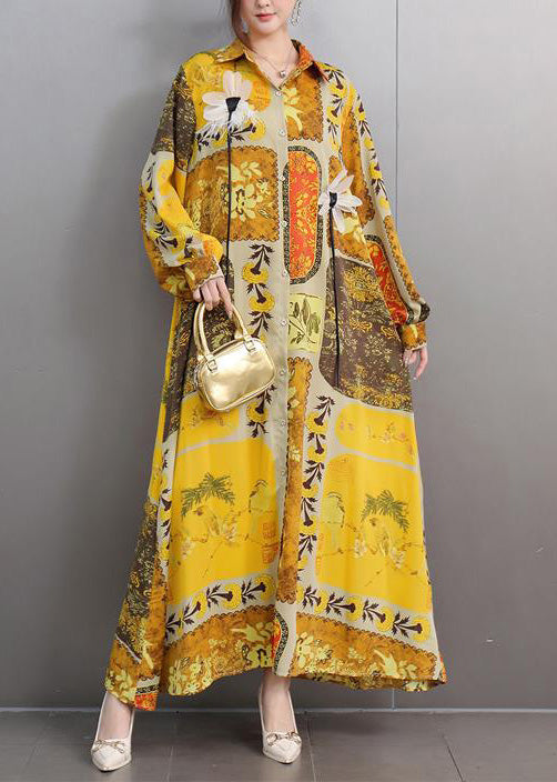 Women Yellow Oversized Print Chiffon Long Dresses Fall