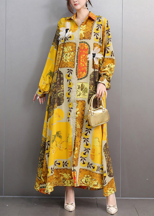 Women Yellow Oversized Print Chiffon Long Dresses Fall