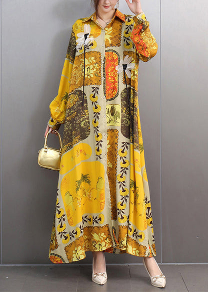 Women Yellow Oversized Print Chiffon Long Dresses Fall