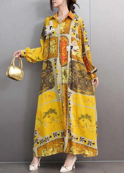 Women Yellow Oversized Print Chiffon Long Dresses Fall