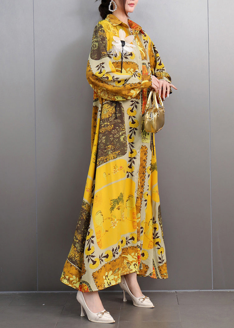 Women Yellow Oversized Print Chiffon Long Dresses Fall