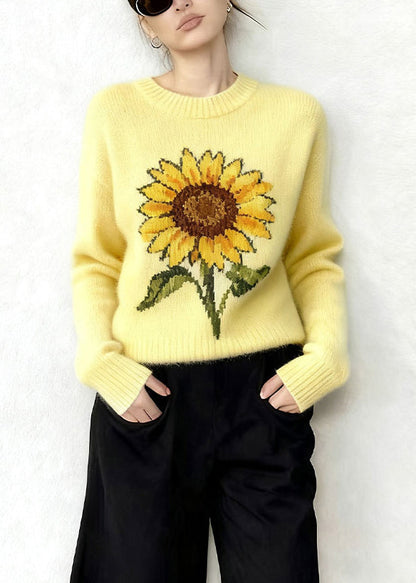 Women Yellow Oversized Sunflower Jacquard Knitted Tops Winter