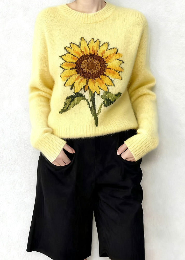 Women Yellow Oversized Sunflower Jacquard Knitted Tops Winter