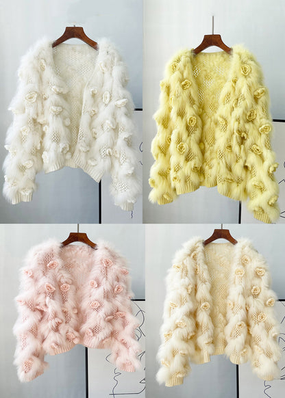 Women Yellow Patchwork Mink Hair Knitted Coats Lantern Sleeve