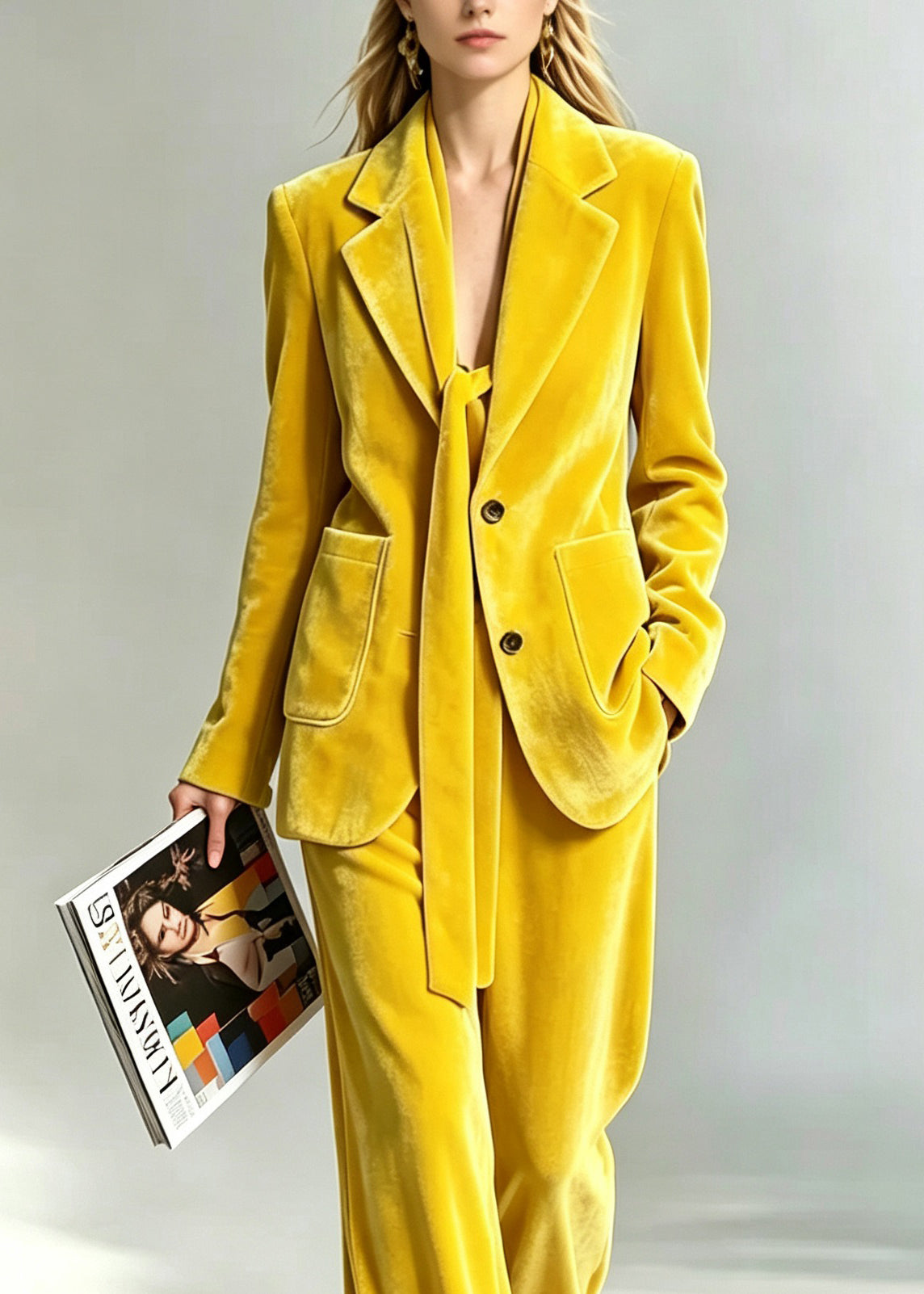 Women Yellow Peter Pan Collar Coat And Pants Velvet Two Pieces Set Fall