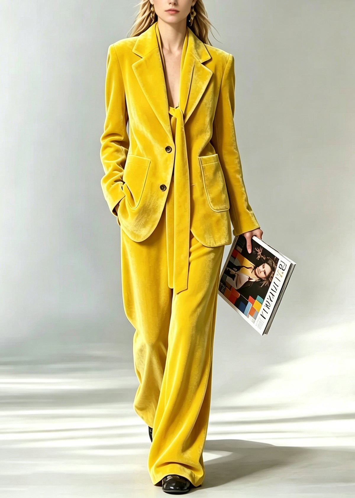 Women Yellow Peter Pan Collar Coat And Pants Velvet Two Pieces Set Fall