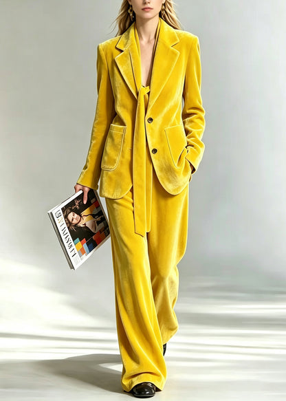 Women Yellow Peter Pan Collar Coat And Pants Velvet Two Pieces Set Fall