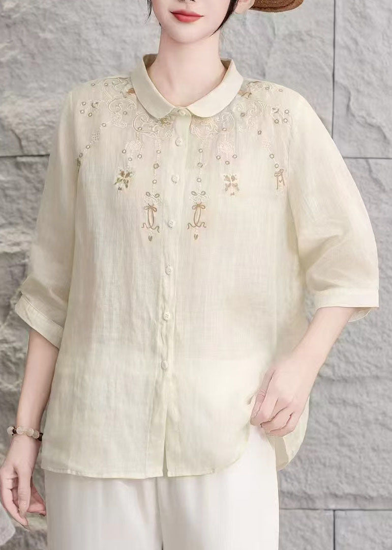 Women Yellow Peter Pan Collar Embroidered Linen Blouse Top Summer