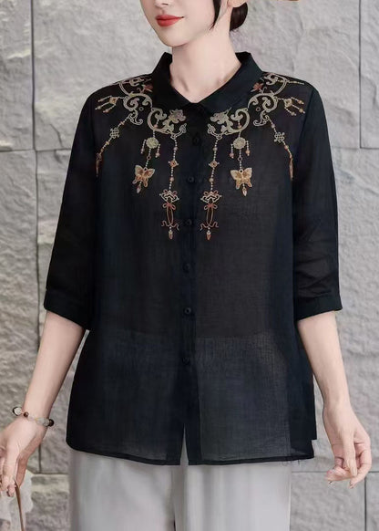 Women Yellow Peter Pan Collar Embroidered Linen Blouse Top Summer