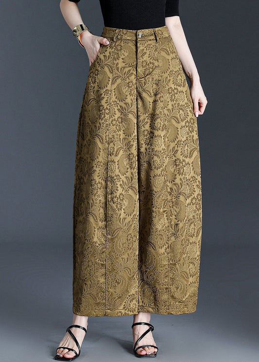 Women Yellow Pockets Jacquard Draping High Waist Wide Leg Crop Pants Fall