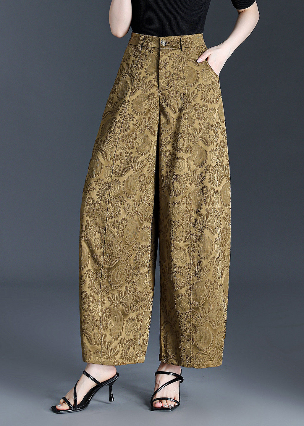 Women Yellow Pockets Jacquard Draping High Waist Wide Leg Crop Pants Fall