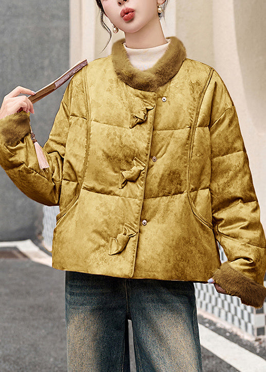 Women Yellow Pockets Patchwork Duck Down Down Coat Winter