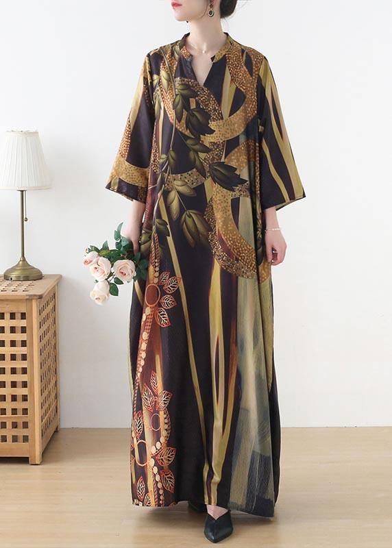 Women Yellow Print Pockets Summer Chiffon Dress - SooLinen