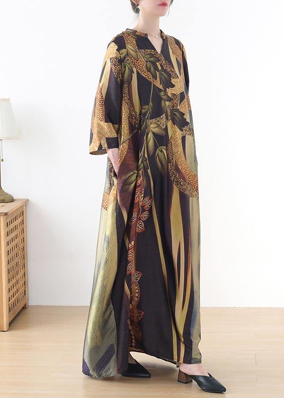 Women Yellow Print Pockets Summer Chiffon Dress - SooLinen