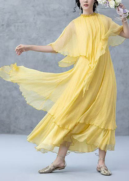 Women Yellow Ruffled Layered Maxi Dress Cloak Sleeves