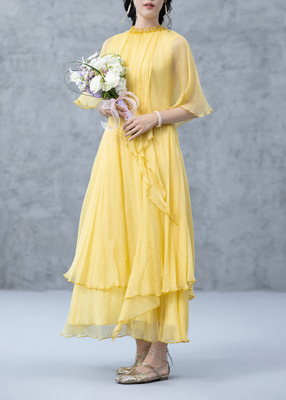 Women Yellow Ruffled Layered Maxi Dress Cloak Sleeves