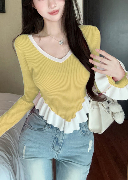 Women Yellow Ruffled Patchwork Knit Sweaters Flare Sleeve