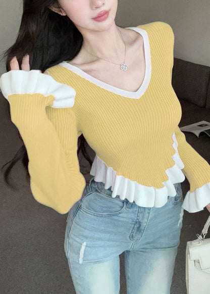 Women Yellow Ruffled Patchwork Knit Sweaters Flare Sleeve