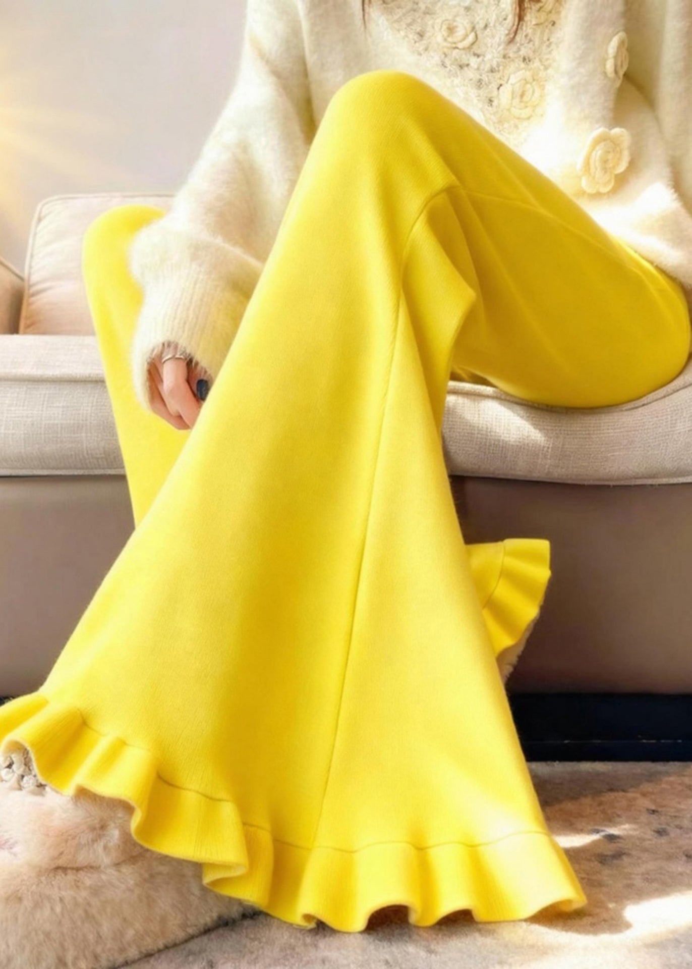 Women Yellow Ruffled Silm Fit Cotton Flared Trousers Winter