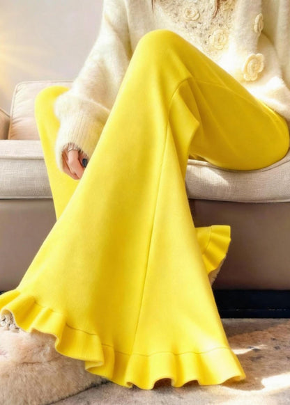 Women Yellow Ruffled Silm Fit Cotton Flared Trousers Winter