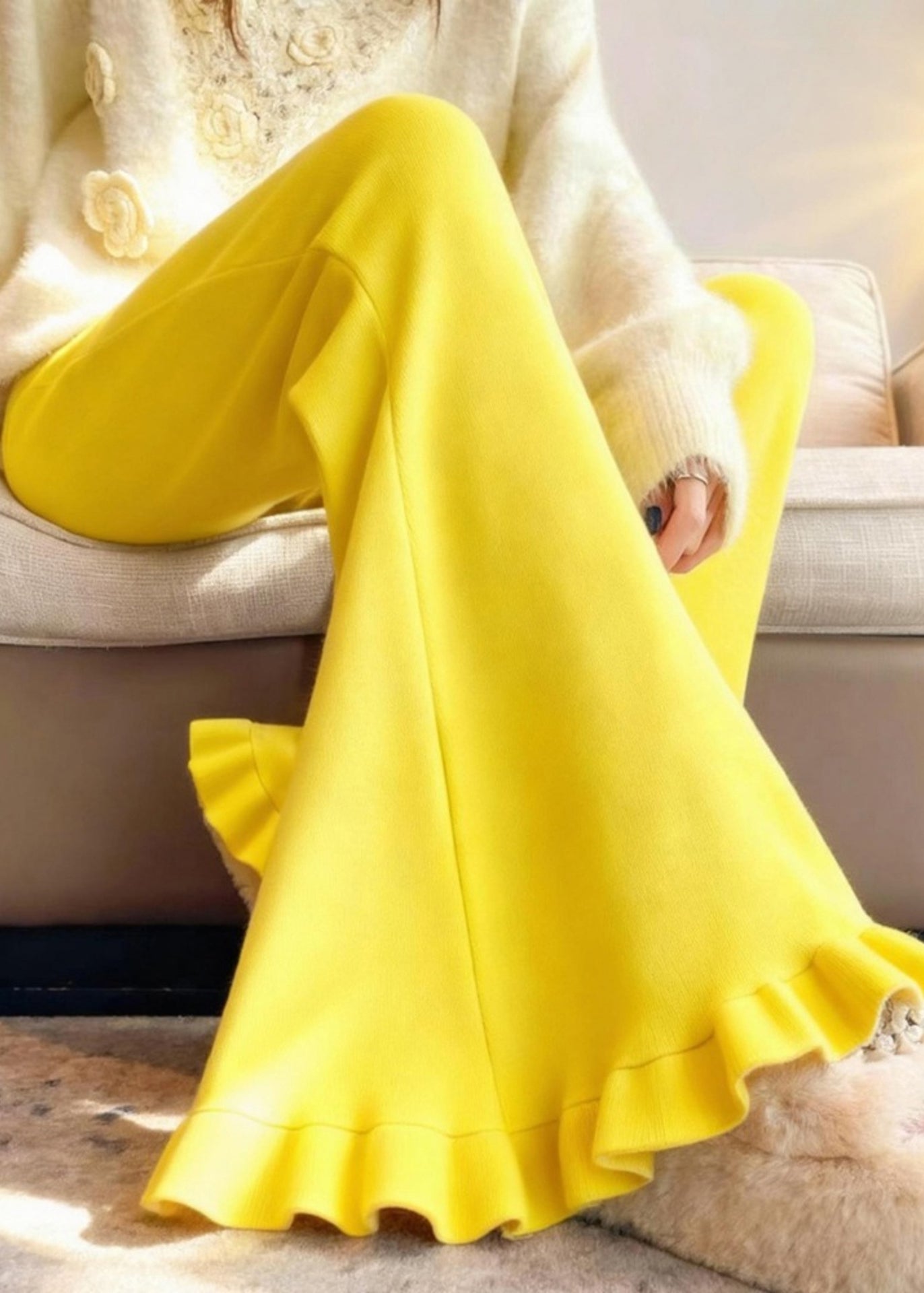 Women Yellow Ruffled Silm Fit Cotton Flared Trousers Winter