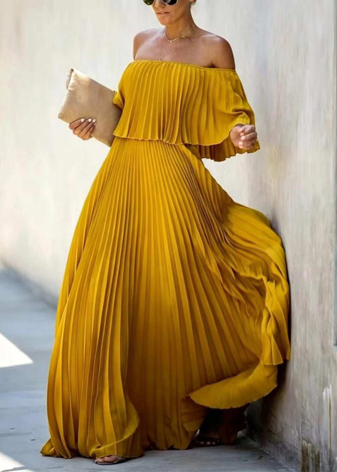 Women Yellow Slash Neck Chiffon Pleated Ankle Dress Butterfly Sleeve