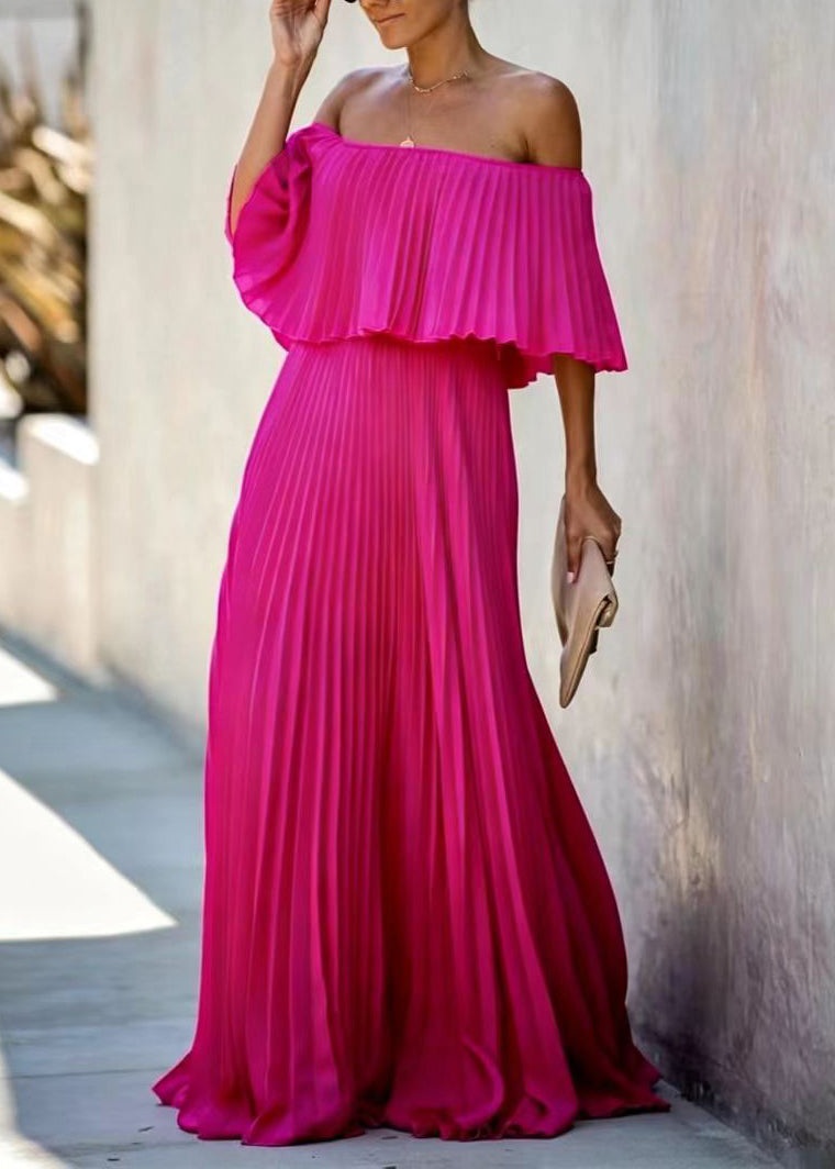 Women Yellow Slash Neck Chiffon Pleated Ankle Dress Butterfly Sleeve
