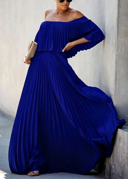 Women Yellow Slash Neck Chiffon Pleated Ankle Dress Butterfly Sleeve