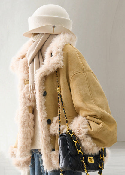 Women Yellow Stand Collar Faux Suede Leather And Fur Jacket Winter
