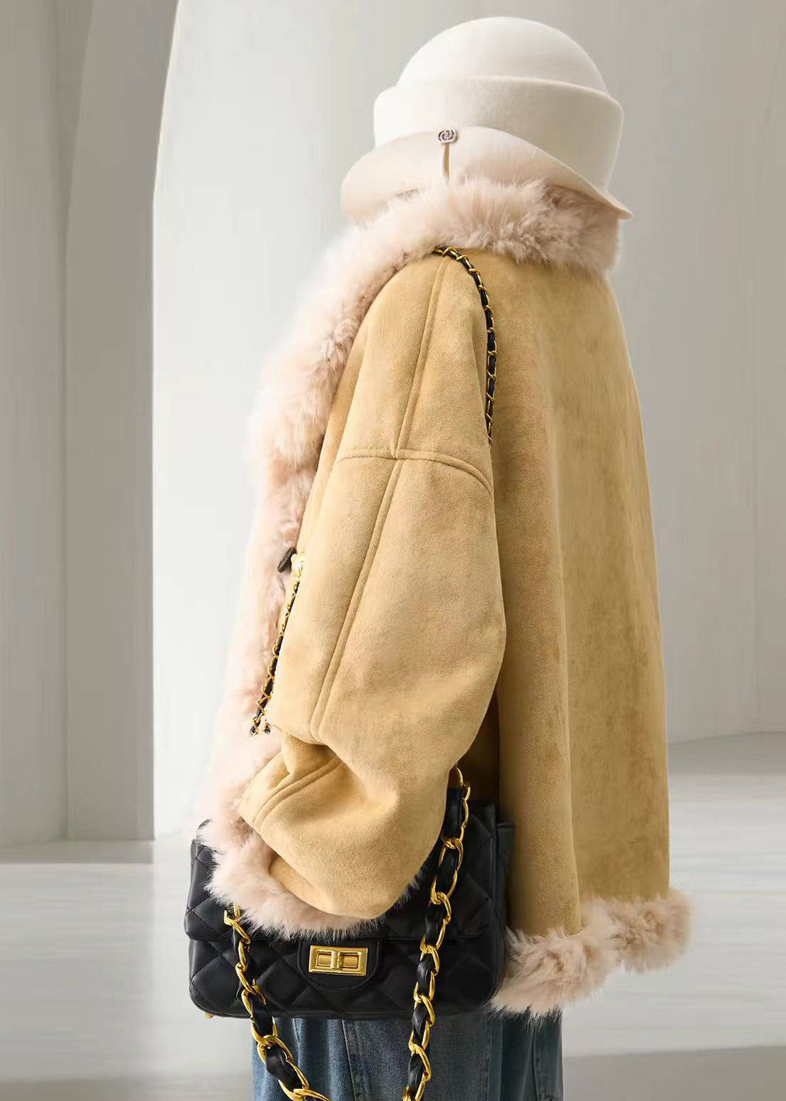 Women Yellow Stand Collar Faux Suede Leather And Fur Jacket Winter