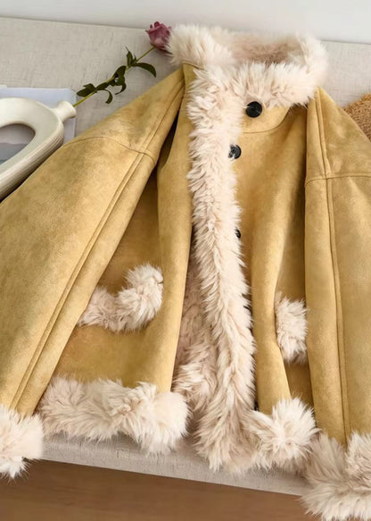 Women Yellow Stand Collar Faux Suede Leather And Fur Jacket Winter
