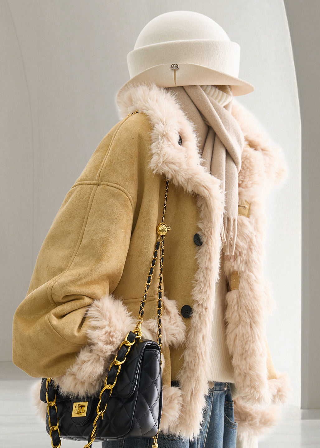 Women Yellow Stand Collar Faux Suede Leather And Fur Jacket Winter