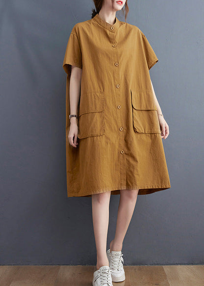 Women Yellow Stand Collar Patchwork Button Cotton Long Shirts Dress Short Sleeve