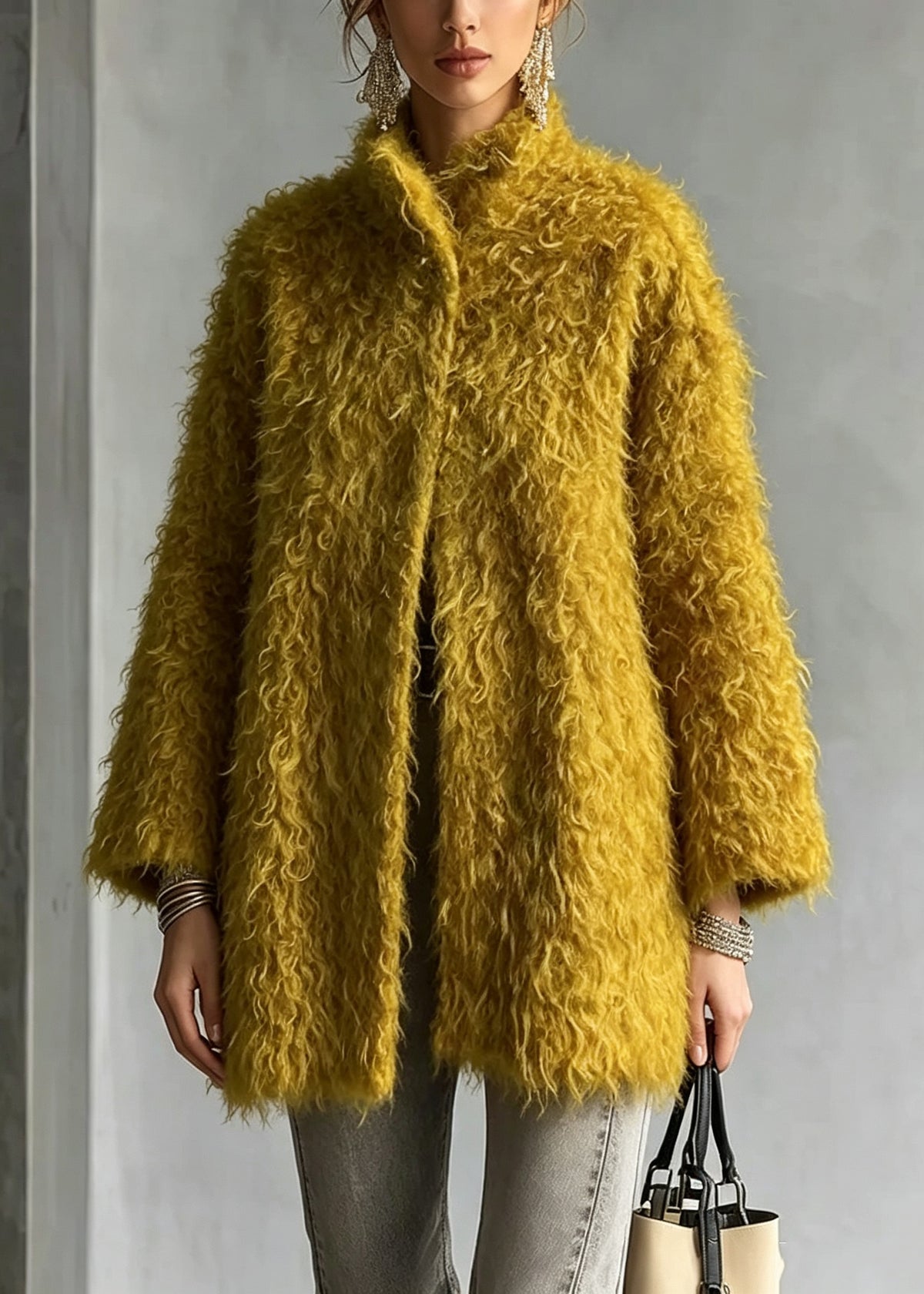 Women Yellow Stand Collar Teddy Faux Fur Coats Fall