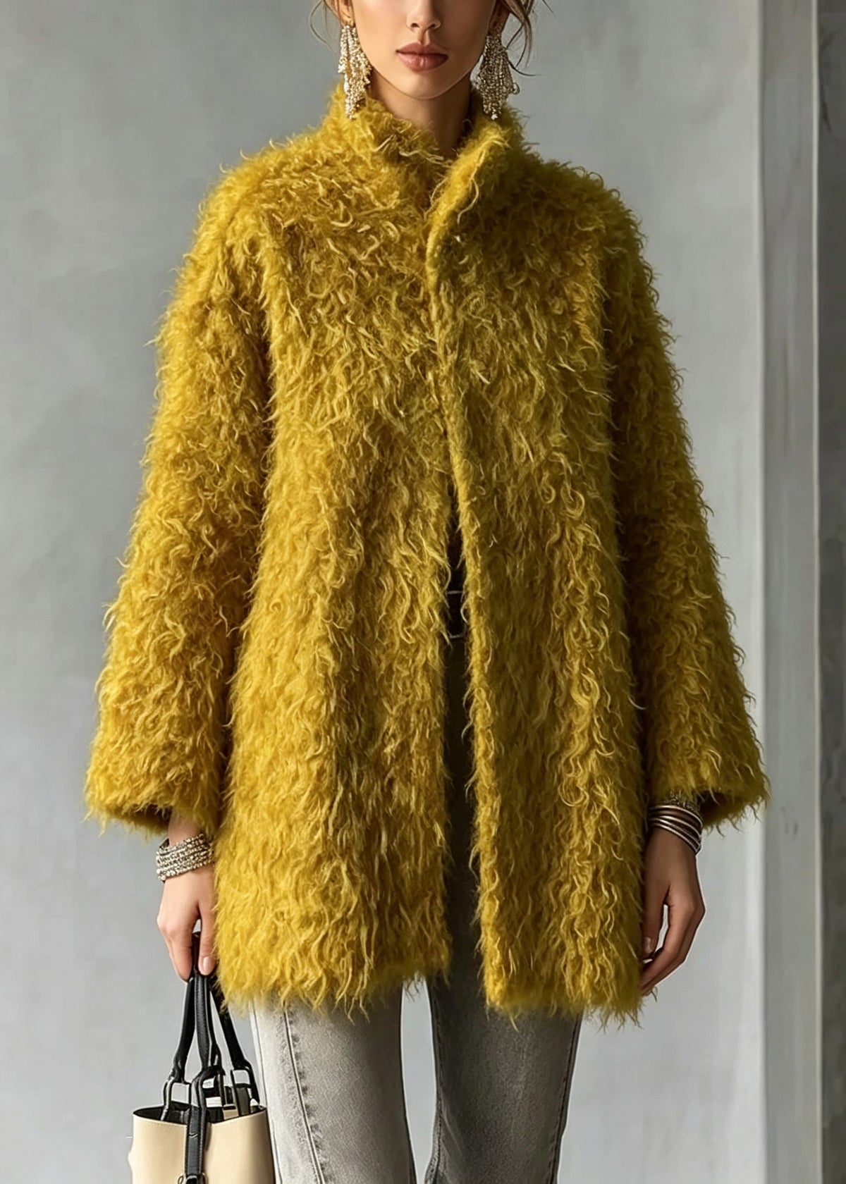 Women Yellow Stand Collar Teddy Faux Fur Coats Fall