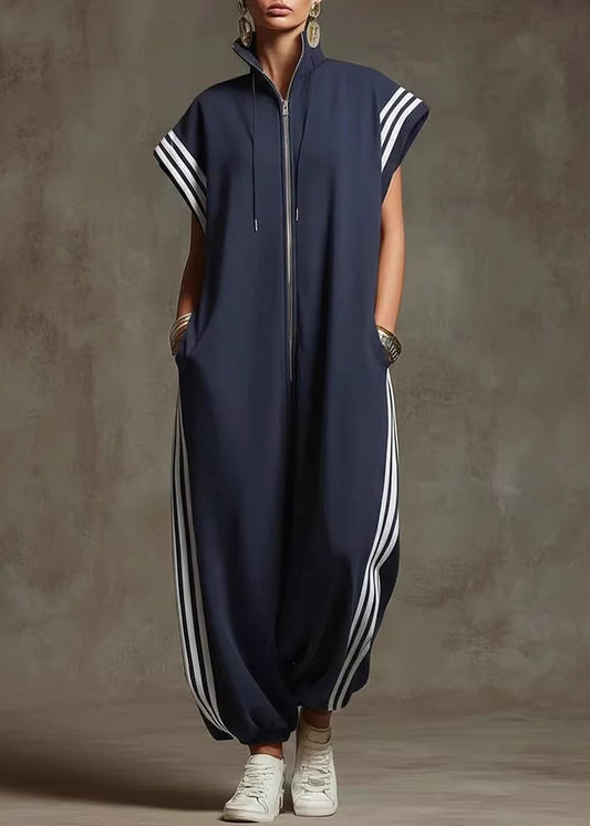 Women Yellow Stand Collar Zip Up Striped Cotton Jumpsuit Summer