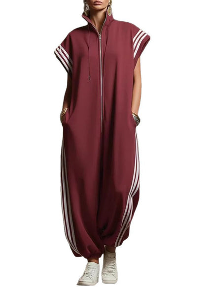 Women Yellow Stand Collar Zip Up Striped Cotton Jumpsuit Summer