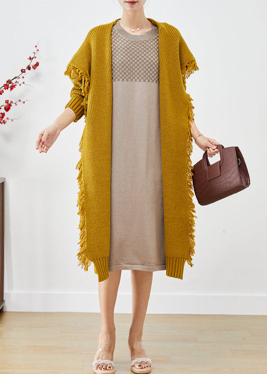 Women Yellow Tasseled Oversized Knit Cardigan Winter