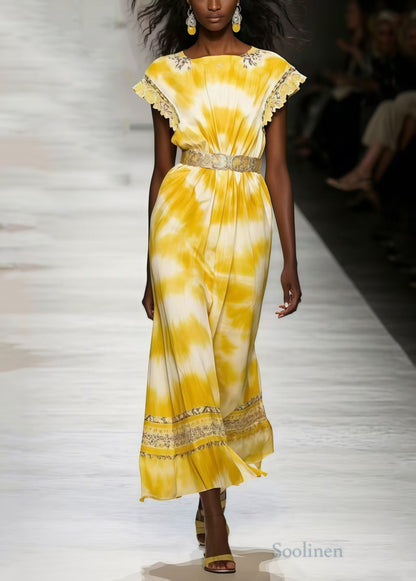 Women Yellow Tie Dye Chiffon Tunic Dresses Sleeveless