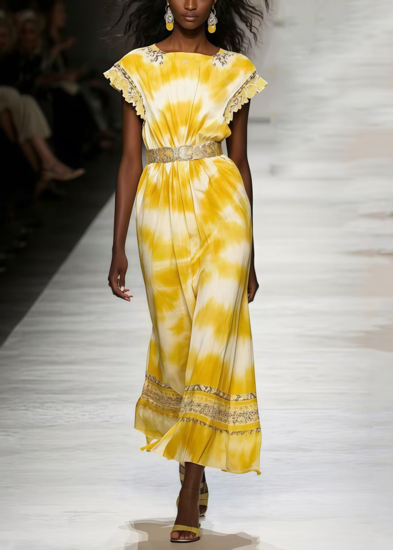 Women Yellow Tie Dye Chiffon Tunic Dresses Sleeveless