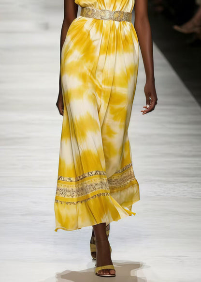 Women Yellow Tie Dye Chiffon Tunic Dresses Sleeveless