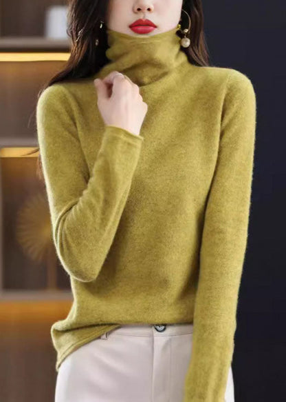 Women Yellow Turtle Neck Slim Fit Woolen Knit Pullover Spring