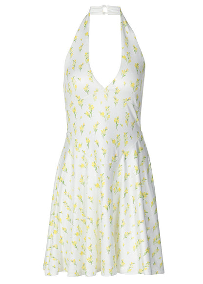 Women Yellow V Neck Backless Print Mini Dresses Summer