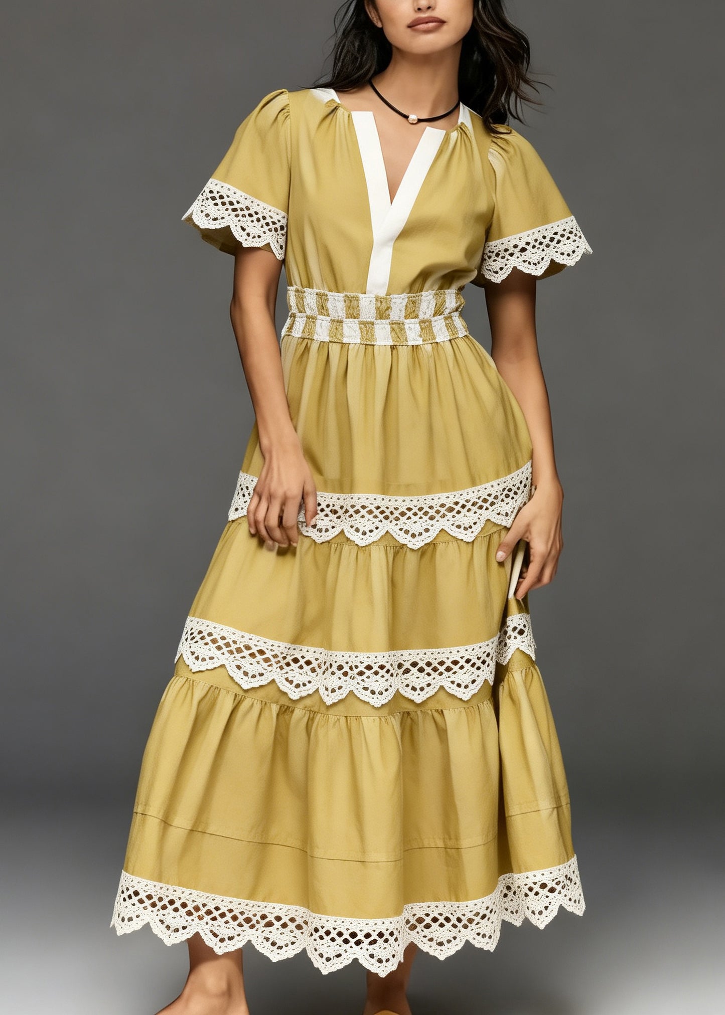 Women Yellow V Neck Lace Patchwork Cotton Long Dress Summer