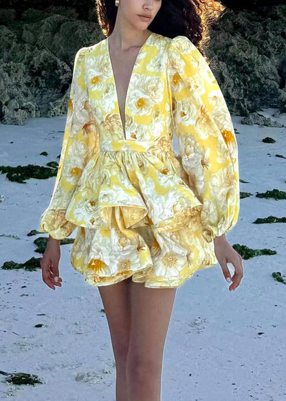 Women Yellow V Neck Print Mini Dress Lantern Sleeve