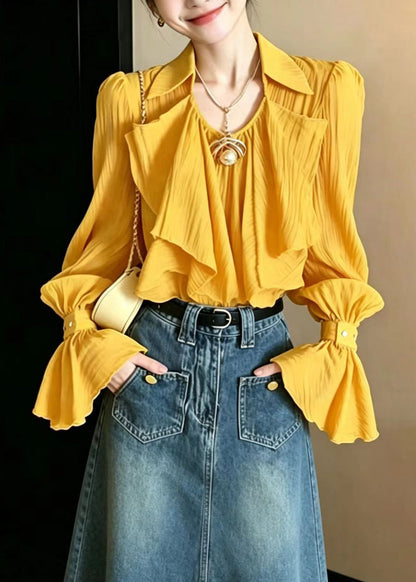 Women Yellow V Neck Ruffled Blouse Tops Flare Sleeve