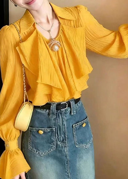 Women Yellow V Neck Ruffled Blouse Tops Flare Sleeve