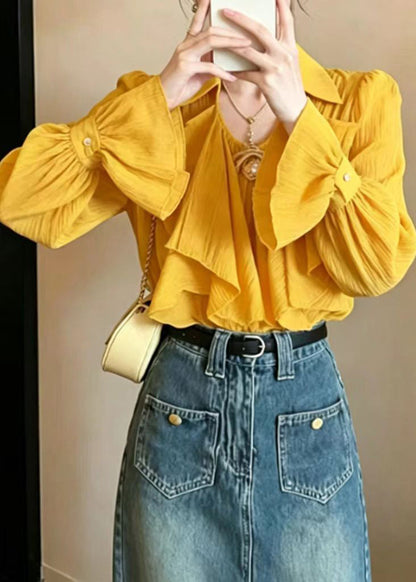Women Yellow V Neck Ruffled Blouse Tops Flare Sleeve