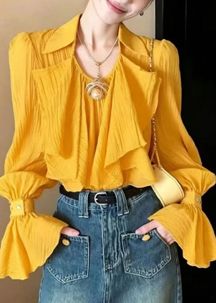Women Yellow V Neck Ruffled Blouse Tops Flare Sleeve